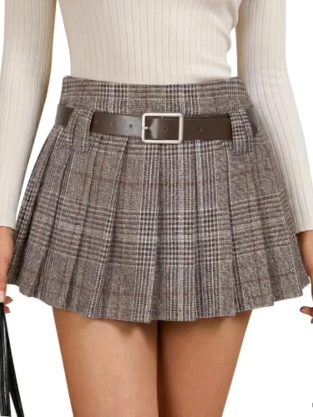 High-Waisted Pleated A-Line Mini Skirt with Belt, Built-in Shorts, Zipper,